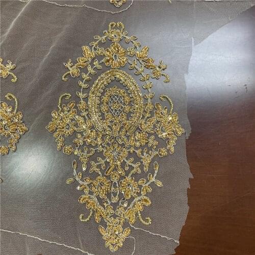 2Pcs Gold Clothing Beaded Sequins Beads Lace Mesh Applique Net Yarn Wedding Dress New Accessories 29X18cm
