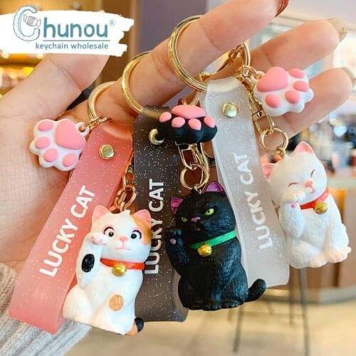 2020 Cute Lucky Cat Keychain Keyring Women Bag Car Key Chain Charm Cherry Blossoms Sole Keychains Couple Gift Key Ring llaveros