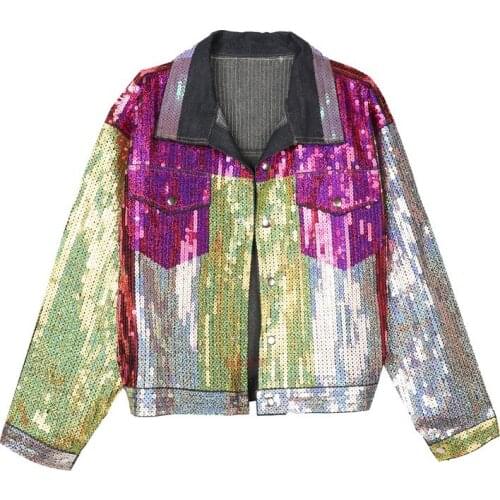 Spring and Autumn Bling Bling Sequins Denim Womens Jackets and Coats Punk Jean Jacket