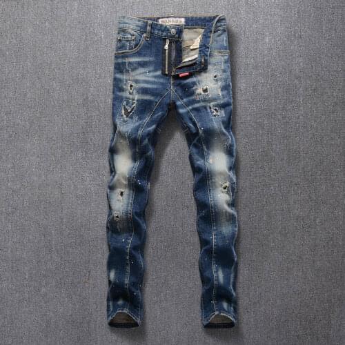 European Street Fashion Men Jeans Retro Blue Slim Fit Ripped Jeans Men Spliced Designer Patchwork Hip Hop Denim Punk Biker Pants