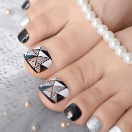 Geometric Patterns Glitter Toe Nails Glitter Sexy Black Square Fake Nail Shiny Sparkling Press On Nail