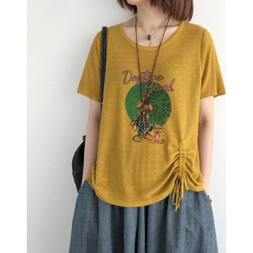 Summer Thin Section Short-sleeve Pullover Sweater T-shirt Womens Printed Short Drawstring Top Loose Ramie Korean Casual K624