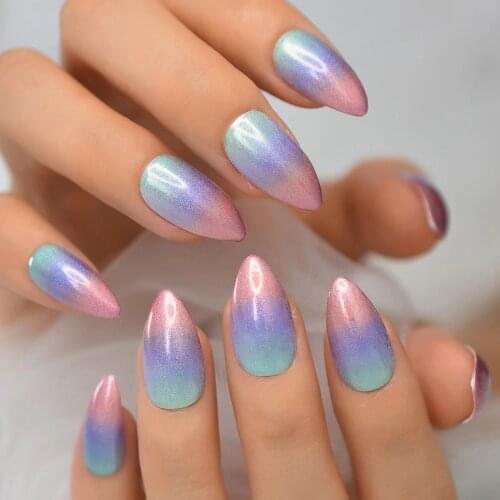 Colour Profusion Layered Medium Almond Shape Rainbow Color Glitter Nails Tips False Nails Press On Nails Full Cover Nails 24Pcs