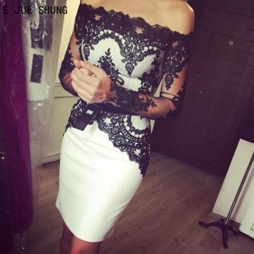 E JUE SHUNG Fashion Short Sheath Wedding Dresses Boat Neck Long Sleeve Black Lace Appliques White Satin Bridal Gowns Bride Dress