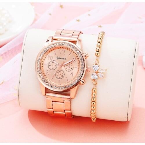 Fashion Ladies Wrist Watches Dress Rose Gold Watch For Women Crystal Diamond Watches Steel Bracelet Set Clock Women Montre Femme