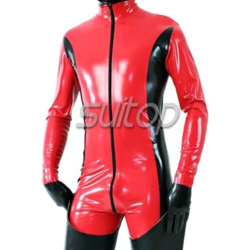 Mens red latex rubber catsuit with gloves sexy and hot female 's zentai with front zip through crotch