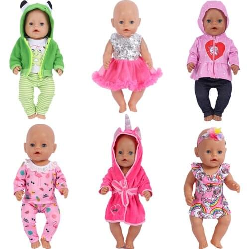 Six Piece Set Doll Baby Clothes Cute Frog Unicorn Suit Fit 18 Inch American Girl Reborn New Born Dolls DIY Gift`s Toy