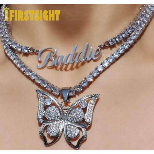 Hollow CZ Butterfly Necklace Silver Color Cubic Zirconia Bling Ice Out 5MM CZ Tennis Chain Necklace Women Hip Hop choker Jewelry