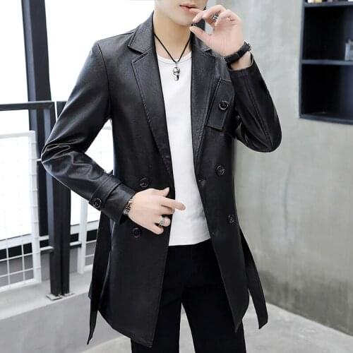 Fashion Mens PU Leather Long Coat Double Breasted Lapel With Belt Outwear Motor Black White Yellow Male Clothing U21