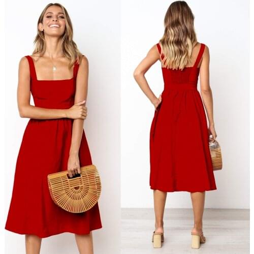 Women New Sexy Backless A-line Dresses 2021Fashion Spaghetti Strap Summer Beach Dress Casual Solid Sling Midi Dress Red Vestidos