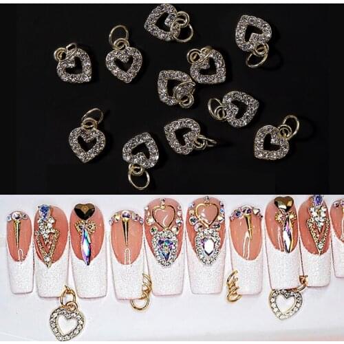 10pcs/lot Heart Dangle Nail Piercing Charms 3D Glitter Alloy Metal Designs Nails Art Rhinestones Jewelry Acrylic Gel Decoration