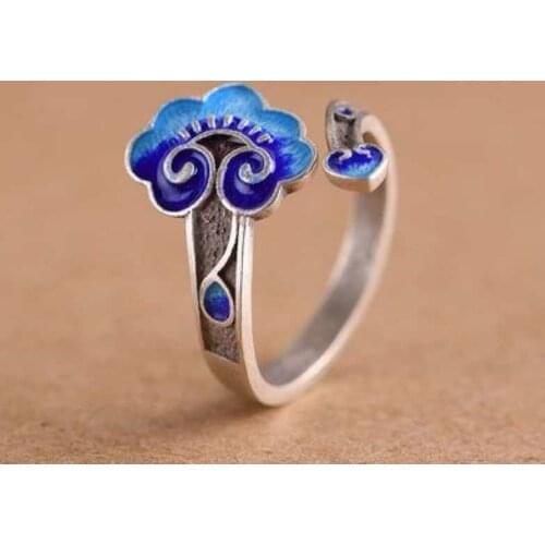 Popular Adjustable Blue Auspicious Cloud Enamel Open Ring For Women Wedding Party Engagement Jewelry Ethnic Hand Accessories