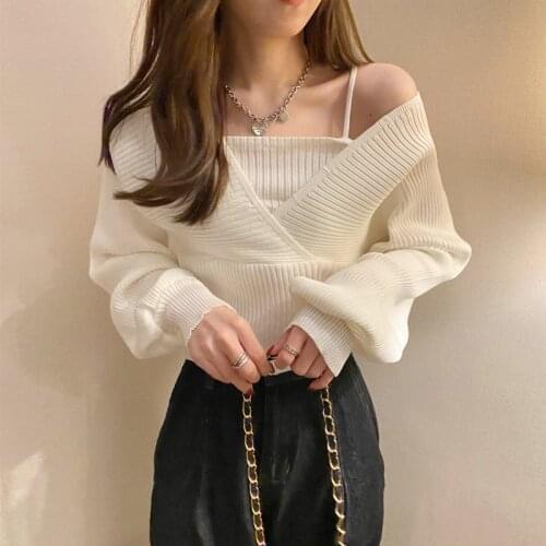 Plus size M-3XL Temperament Solid Slim Spring Autumn Short V Neck White Knitted Tops Bottom Fake Two Pieces Pullovers Sweaters