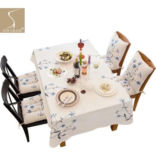 SewCrane Daisy Blue Leaves Flowers Embroidered Decorative Tablecloth