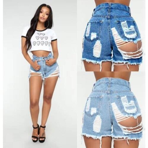 Women Hot Tassel Denim Shorts Female Summer High Waist Solid Blue Hole Jeans Shorts Feminino Sexy Nightclub Short Jeans