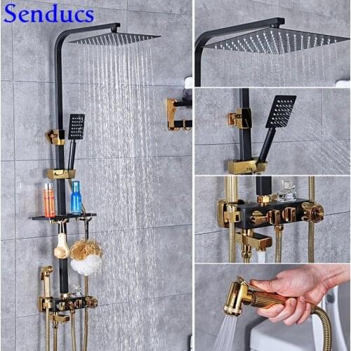 Senducs Black Gold Shower Set Quality Brass Bathroom Shower Sprayer New Arrival Black Shower Faucet Square Shower System