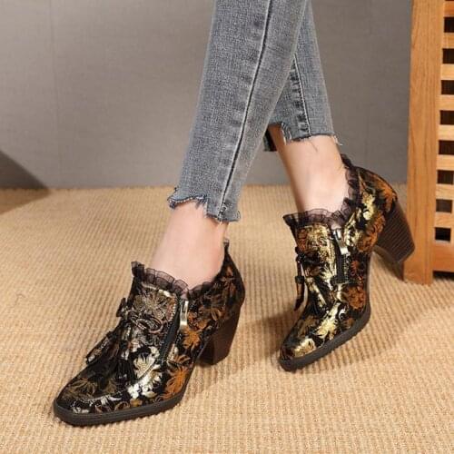 YourSeason Vintage Genuine Leather Pumps Ladies Handmade Shallow Leisure Women 2021 Retro Zip Shoes Golden Glitter Lace
