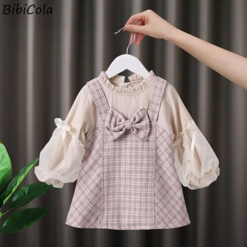 Spring and Autumn Dress Girls' Clothes Puff Sleeve Bowknot Splicing Small Fragrant Style Dress