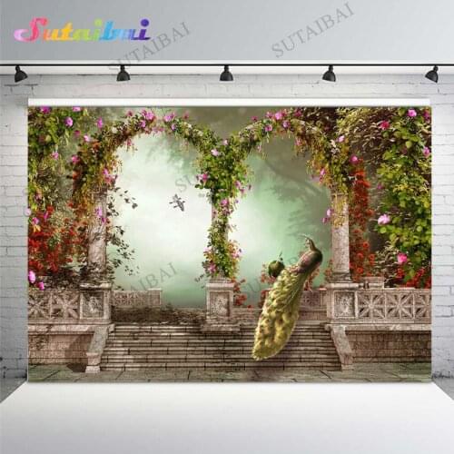 Garden Flowers Arched Cylinder Peacock Photography Backdrop Vinyl Wedding Decoration Photo Backdrop Backgrounds for Photo Studio