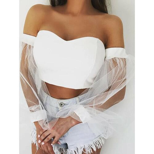 Women Sexy Off Shoulder V Neck Solid Crop Tops Fashion Ladies Mesh Bubble Sleeve Tops High Street