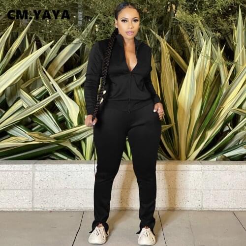 CM.YAYA Women Tracksuit Solid Zip Pockets Tops + Pants Two 2 Piece Sets Fashion Outfits Joggers Sweatsuits Sportswear Autumn