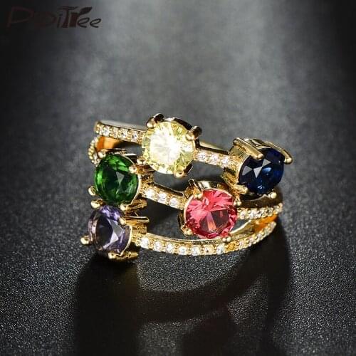 Pipitree Beautiful Birthstone CZ Zircon Ring Female 3 Layer Wide Cocktail Party Rings Christmas Gift Women Ring Wedding Jewelry