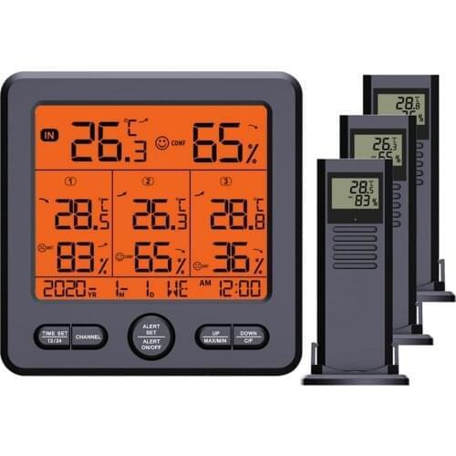 LCD Indoor Temperature Humidity Meter Digital Thermometer Hygrometer Gauge Weather Station Monitor Alarm Clock with 3 Sensor