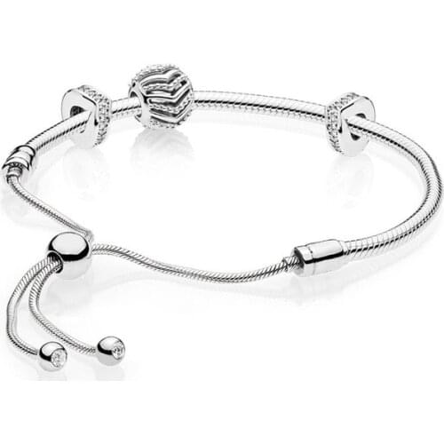 100% 925 Sterling Silver Shimmering Stylish Wish Charm Bead Gift MOMENTS SLIDING Pan BRACELET Set Adjustable Size