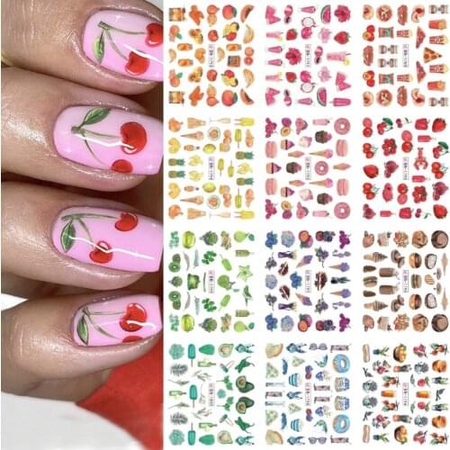 12 styles Fruits flower leaf images Nail Art Stickers Decals Summer Series ice cream rose leaf pattern DIY Water Transfer Slider