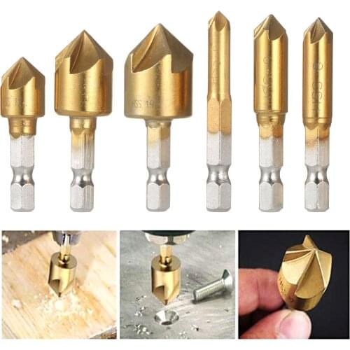 6pcs 90 Degrees 5 Blade 1/4-inch Hexagonal Shank Five Edge Chamfer Countersink 6mm/8mm/9mm/2mm/16mm/19mm Center Punch
