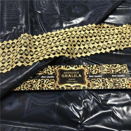 African Cotton Ghalila Shiny Black Bazin Riche Fabric 5yards with 10yards cord lace matching guipure lace fabric with bazin