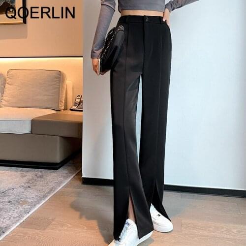 QOERLIN White Front Slit Suit Pants Spring Summer Womens Elegant OL Style Drape High Waist Wide Leg Pants Straight Trouser Plus