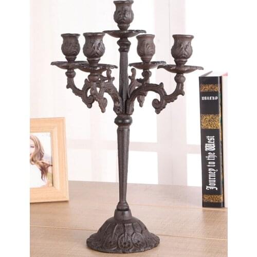 Antique Rustic Gold Cast Iron Candle Holder With Five Branches Bases European Home Tabletop Decor Large Standing Candle Holder