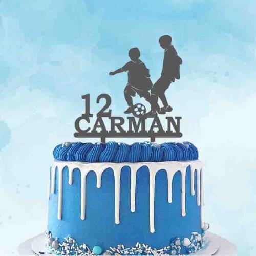 Kids Playing Football Silhouettes Custom Name Age Football Topper For Football Party Football Fans Birthday Cake Decoration