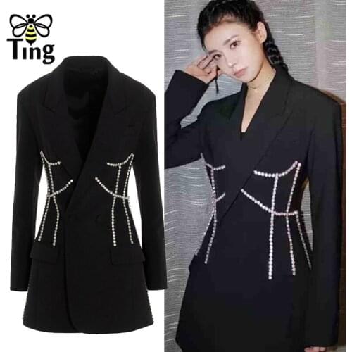 Tingfly Designer Luxury Crystal Slim Black White Blazer Dresses Winter Autumn Fashion Casual Chic Jacket Coat Icon Outerwear Za