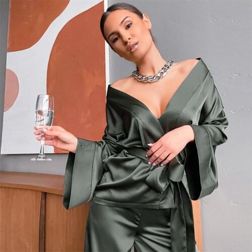 Home Suit For Women Drop sleeves Satin Robe Sets Sleepwear Loose Flare Pants Satin Robe Sets Bathrobe For Home Wear Fashion