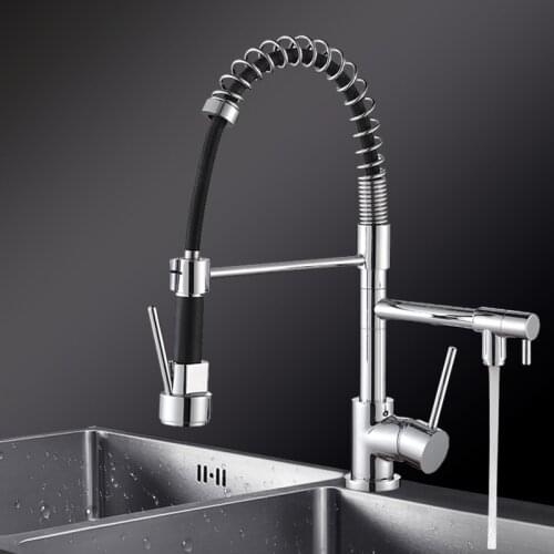 Chrome polished Unleaded brass kitchen faucet pull down out double Spout Double handle single hole mixer Spring faucet Rotatable