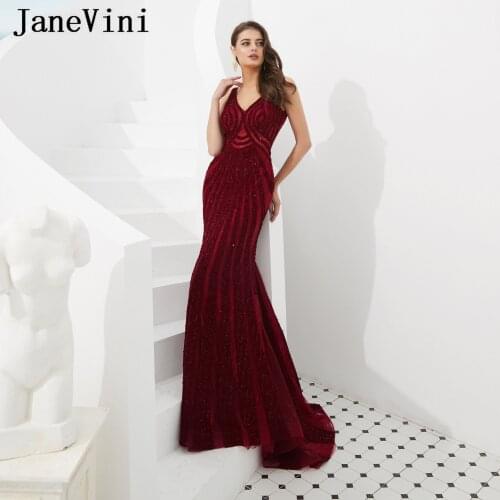 JaneVini 2019 Long Burgundy Prom Dresses Robe De Gala Sexy V Neck Luxury Beading Tulle Sweep Train Formal Evening Party Gowns