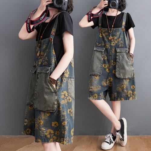 Summer Fashion Women Floral Denim Overalls Patchwork Big Pockets Strap Cowboy Jumpsuits Wide Leg Shorts Casual Rompers Retro New