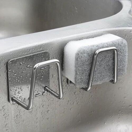 Kitchen Adhesive Drain Sponge Holder Stainless Steel Wall Hooks Kitchen Storage Organizer Sink Drying Rack Kitchen Gadgets