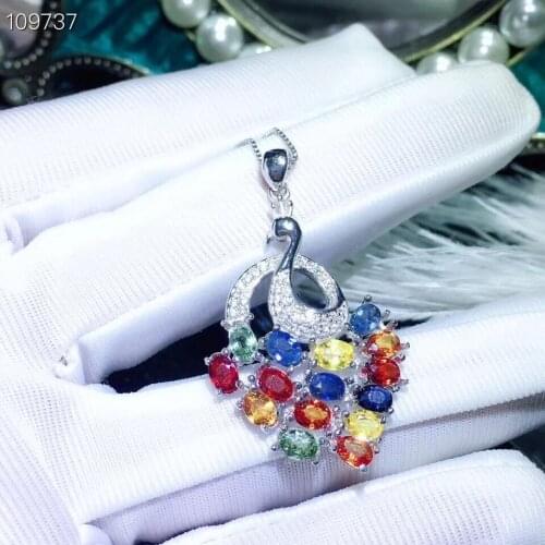 Natural Multicolor sapphire necklace pendant S925 silver natural gemstone pendant fashion Peacock girl women party gift jewelry