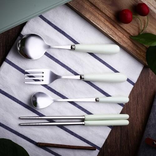 3/4pcs Ceramic Handle Dinnerware Set Stainless Steel Cutlery Travel Kids Adult Tableware Camping Picnic Fork Set Kitchen Tools