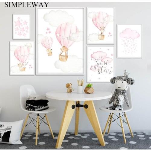 Baby Nursery Girl Wall Art Canvas Poster Pink Balloon Animal Travel Print Painting Nordic Kid Child Bedroom Decoration Picture