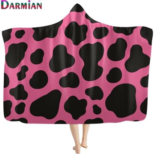 DARMIAN Pink and Black Cow Printed Hooded Blanket Adult child Sherpa Fleece Wearable Blanket Microfiber Bedding Drop Shipping