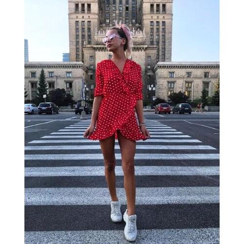 Autumn Women Dress Fashion Polka Dot Skinny Dress Long Sleeve V-Neck Ruffle Female Casual Red Dress 2021 Retro Vestido Mujer