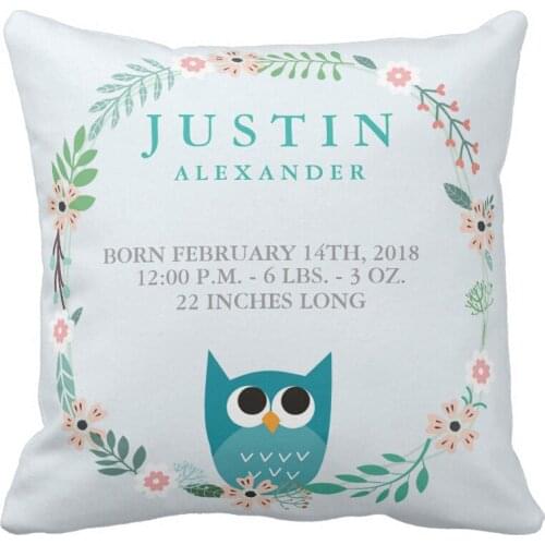Personalized Woodland Forest Birth Stats Owl Nursery Throw Pillow Cover Soft Polyester Cotton Home Decorative Cushion Cover Sofa