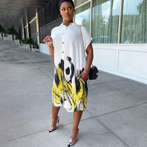 Summer Shirt Dress Women Turn-down Collar Button Up Blouse Dress Printed Streetwear Oversized Loose Casual Dresses Robe Longue