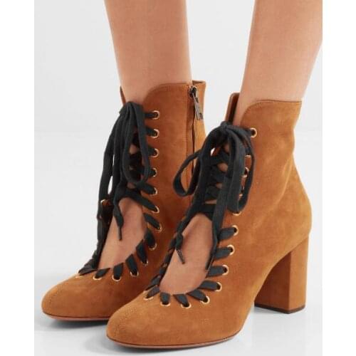 Mixed Color Shoelace Ladies Chunky Heel Lace Up Boots Spring Fashion Brown Suede Leather Women Round Toe Ankle Boots Knight Boot