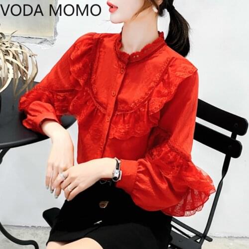 Ruffles red Lace Stitching Shirt Autumn New Fashion Lace Blouse Women Puff Sleeve Sweet Sexy Womens Tops Blusas De Mujer