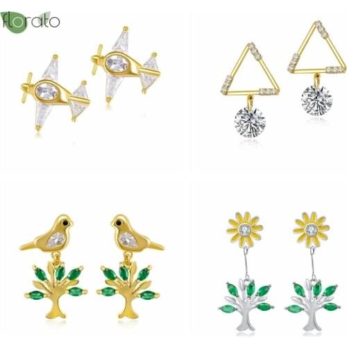 Creative Small Airplane Zircon Stud Earrings 925 Silver Ear Needle for Women Gold Life Bird Perforated Earrings Party Jewelry